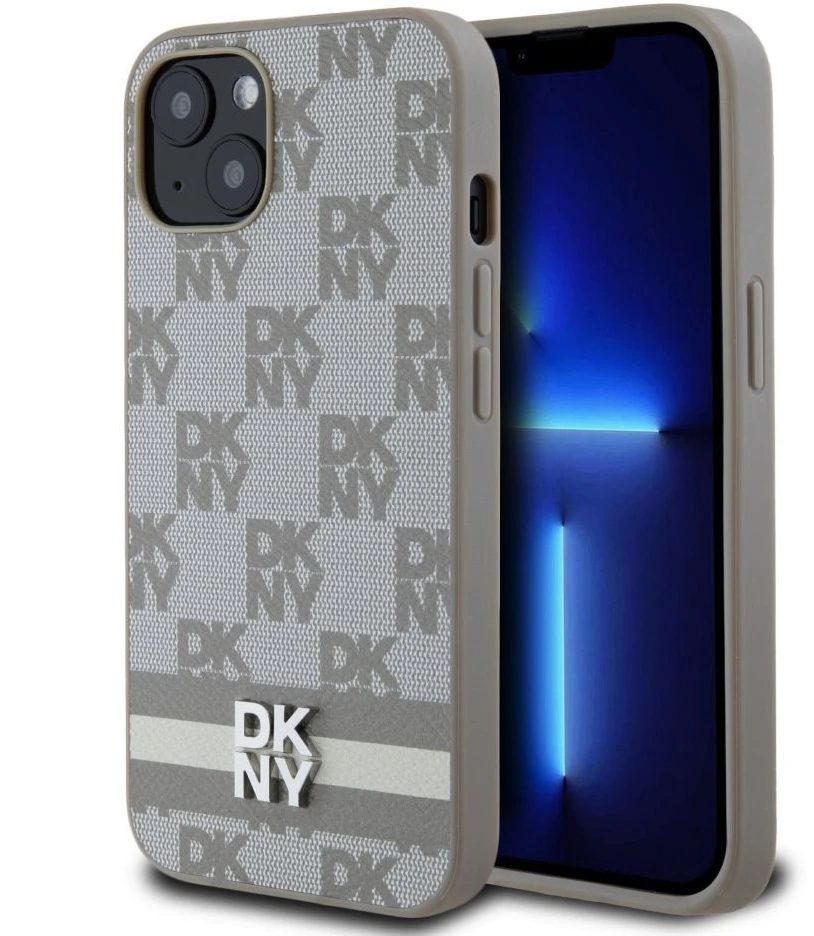 DKNY PU odinis languotas raštas ir dryžuotas dėklas Apple iPhone 13 rusvai gelsvas