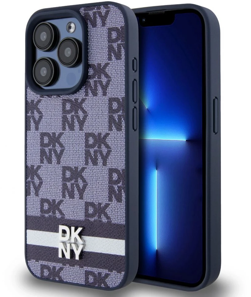 DKNY PU Oda languoto rašto ir juostelės dėklas telefonui iPhone 15 Pro mėlynos spalvos