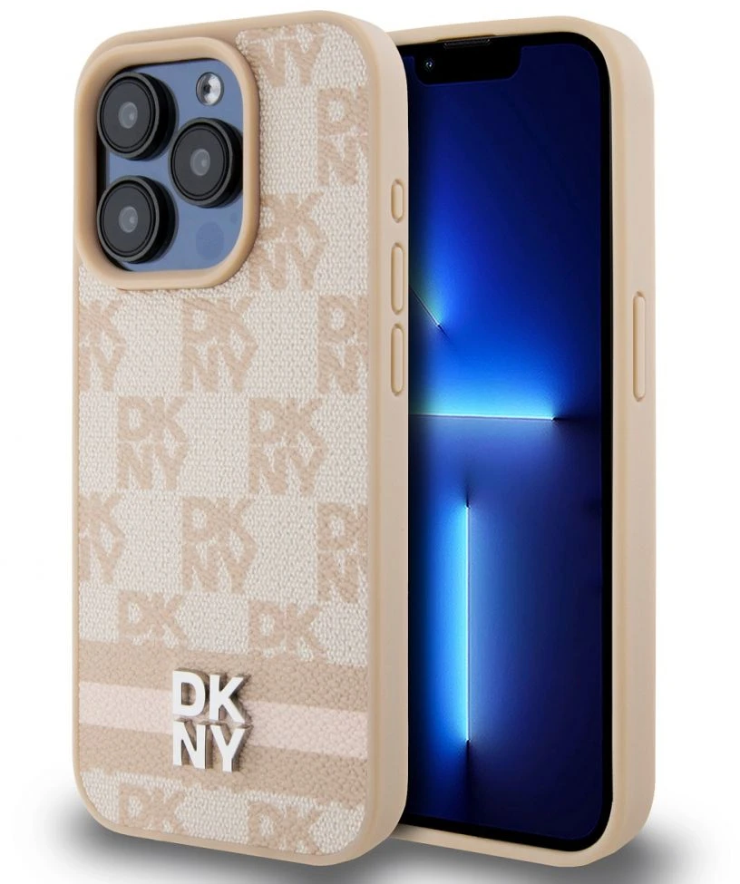 DKNY PU oda languotas raštas ir juostelės dėklas telefonui iPhone 13 Pro, rožinės spalvos