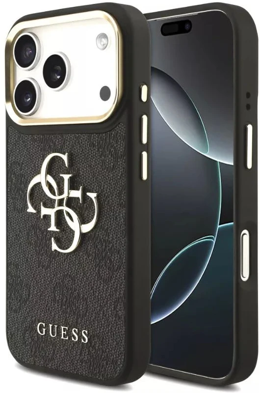Guess PU odos 4G Metal Logo Gold Frame dėklas skirtas iPhone 17 Pro Max juodos spalvos