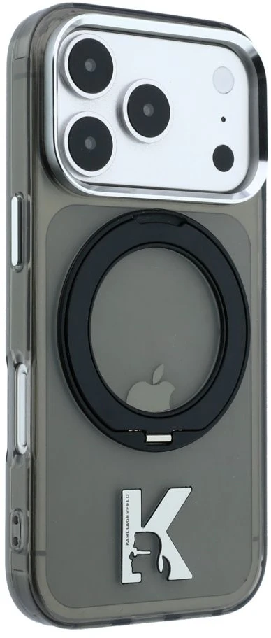 Dėklas Karl Lagerfeld IML Ring Stand 360 Kameo Metal MagSafe Case for iPhone 17 Pro Max / 18 Pro Max - Juoda