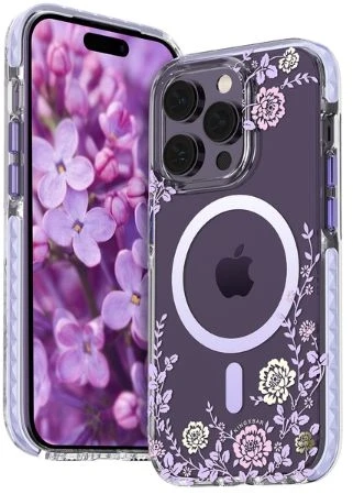 Dėklas Back cover Kingxbar Apple iPhone 14 Pro MagSafe decorated with peony flowers print Flora Series magnetic Violetinė