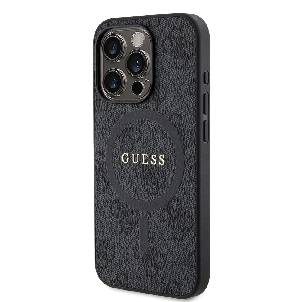 Dėklas Guess Apple iPhone 15 Pro 4G Collection Odinis Metalinis Logotipas MagSafe Juodas | ATSPĖK