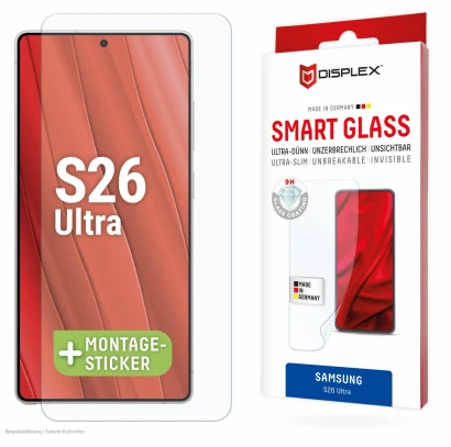 „Samsung Galaxy S26 Ultra“ išmaniojo ekrano stiklas, pagamintas iš „Displex“ skaidraus stiklo