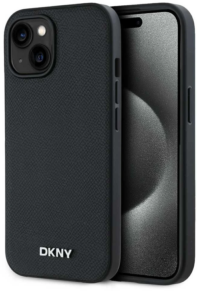 DKNY PU Leather Sidabrinis Metal Logo Magsafe dėklas telefonui Apple iPhone 15 juodos spalvos