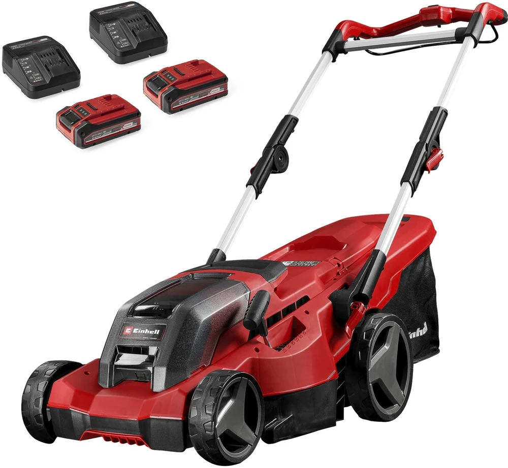 Einhell Akumuliatorinė vejapjovė GE-CM 36/37 Li, 36 voltų (2 x 18 V raudona/juoda, 2 x Li-Ion Plus akumuliatoriai 4,0 Ah)