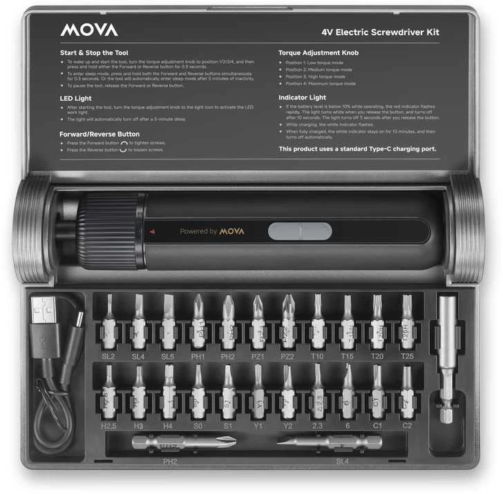„Mova Rinkinys“ atsuktuvas 4V 8N-m + 24 vnt. antgalių MSD008
