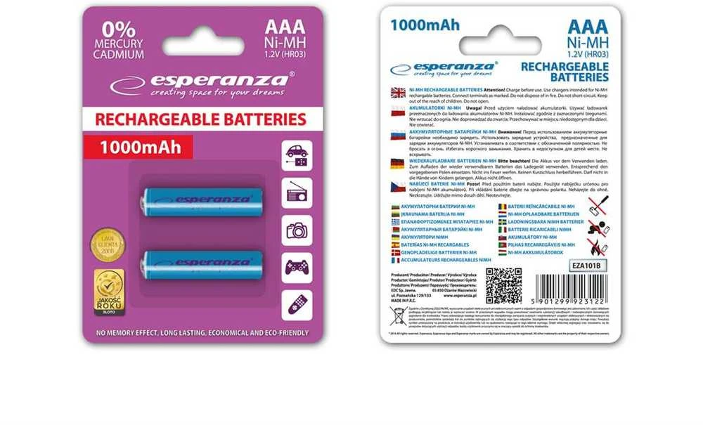 Esperanza EZA101B Įkraunama baterija Ni-MH AAA 1000MAH 2 vnt.