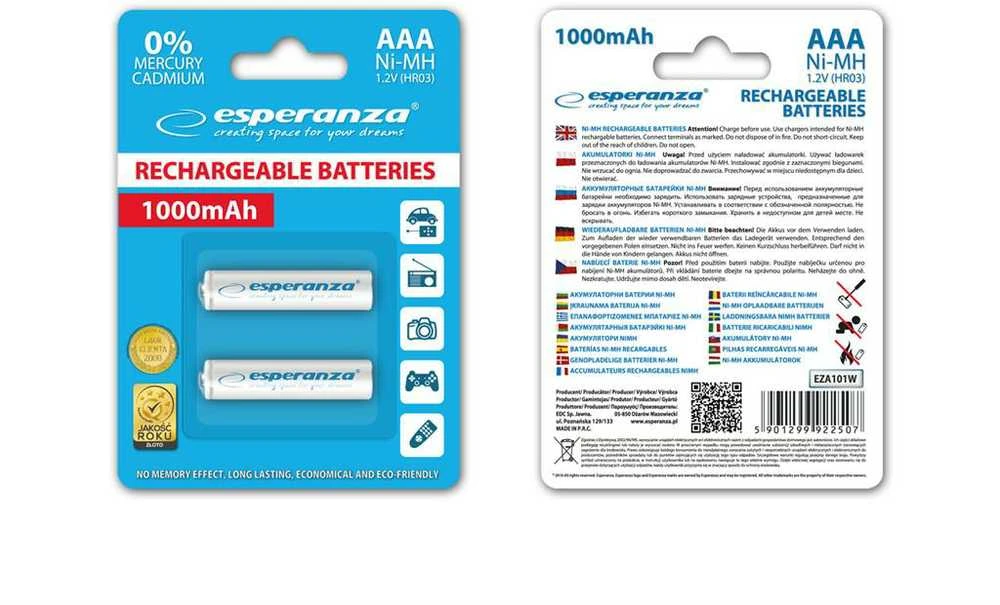 ESPERANZA AKUMULATORKI NI-MH AAA 1000MAH 2SZT. balta