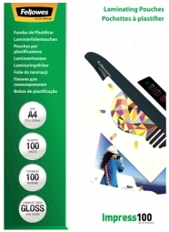 Fellowes Laminating Pouch A4 Clear Thickness: 100 micron Qty Per Pack: 100 pcs; Ideal for notices craft materials signage and fre