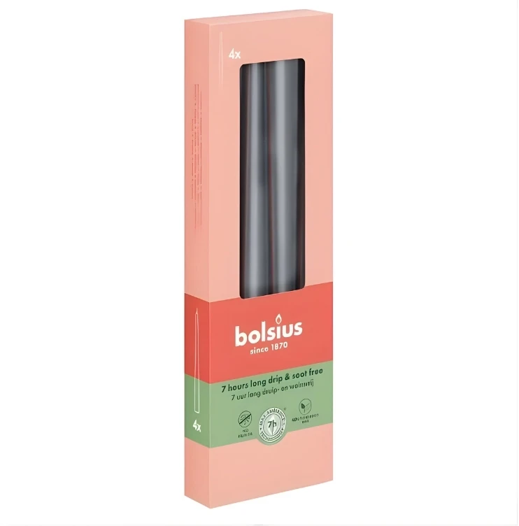 Bolsius stalo žvakės 245/24 mm pilkos 4 vnt.