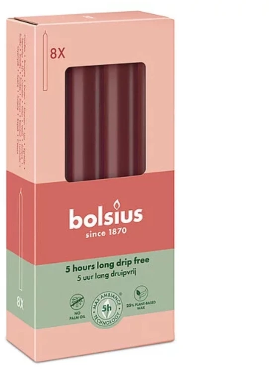 Bolsius Stalo žvakės BOLSIUS Torpeda 170/20 (bordo spalvos) ~5h 8 vnt.