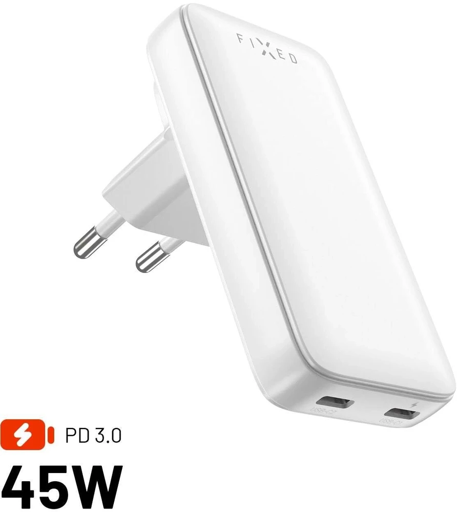Fixed Slim Traveller 2xUSB-C kelioninis įkroviklis su pasaulio adapteriais, GaN, 45W | Baltas