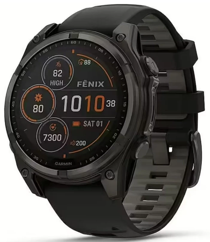 Išmanusis laikrodis Garmin Fenix 8 51 mm, Solar, Sapphire, Pilkos anglies spalvos DLC titanas su juodos / pilkos akmenukų spalvos silikoniniu dirželiu