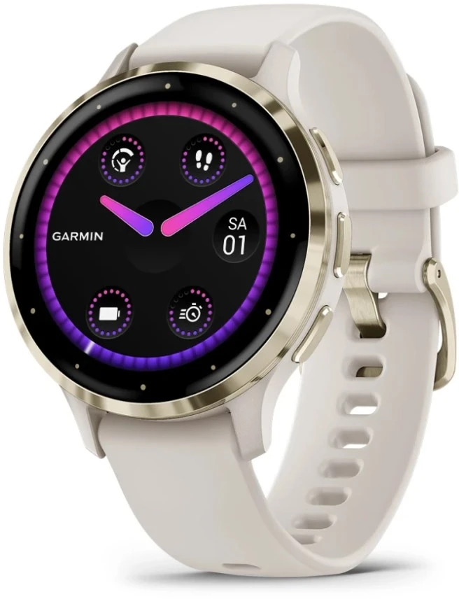 Išmanusis laikrodis Garmin Venu® 3S, Šviesaus aukso spalvos nerūdijančiojo plieno apvadas su dramblio kaulo spalvos korpusu ir silikoniniu dirželiu