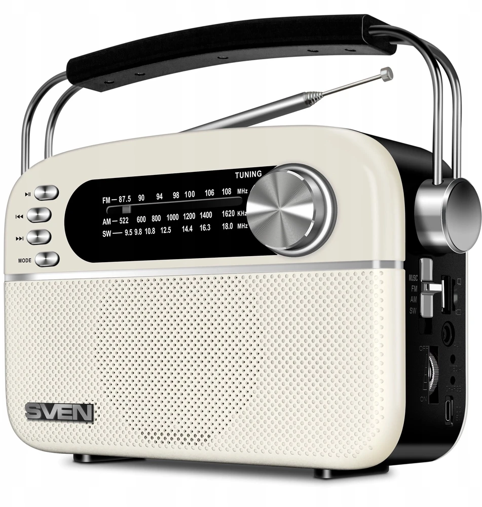 Garsiakalbis SVEN SRP-505, baltas (3 W, Bluetooth, FM/AM/SW, USB, Micro SD, AUX, baterija)
