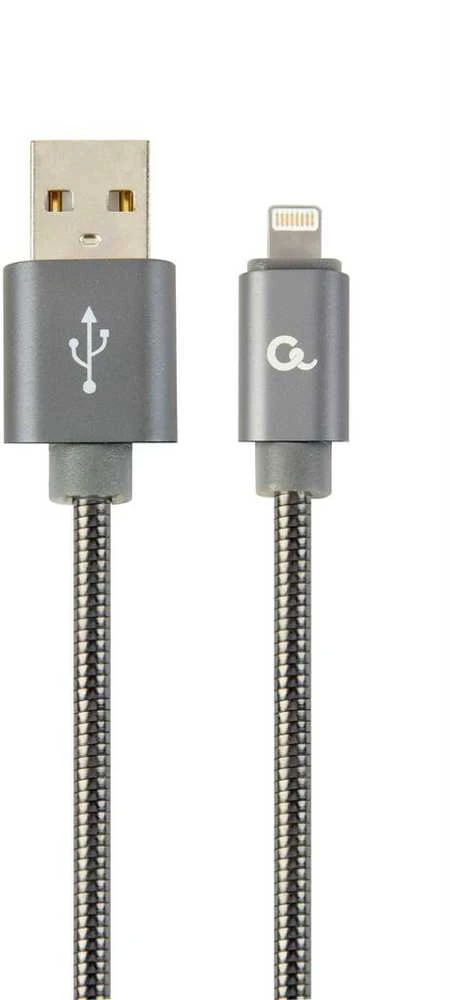 GEMBIRD CC-USB2S-AMLM-2M-BG Gembird Premium spiralinis metalinis 8 kontaktų įkrovimo ir duomenų kabelis, 2m, metalinis-pilkas