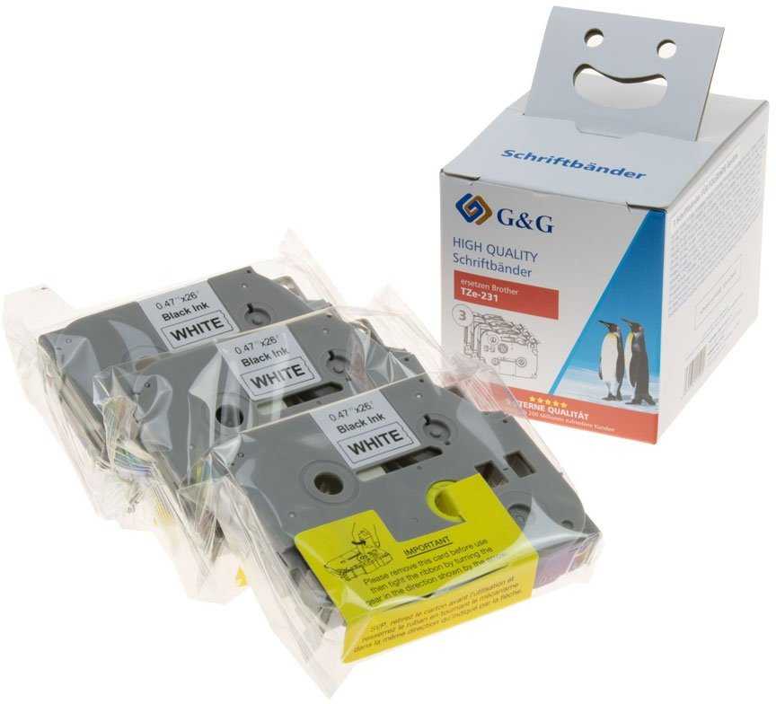 G&G 3x G&G Schriftband 12mm x 8m sw- ws Komp. m. Brother TZe-231