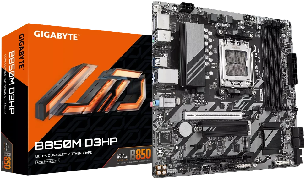 Pagrindinė plokštė GIGABYTE B850M D3HP Motherboard - AMD Ryzen 9000 Series CPUs, 5+2+2 Phases Digital VRM, iki 8200MHz DDR5 (OC), 1xPCIe 5.0 + 1xPCIe 4.0 M.2, GbE LAN, USB 3.2 Gen 2