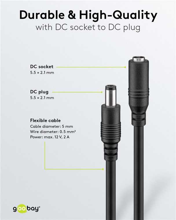 Goobay DC maitinimo kabelio ilgiklis 5m 5.5×2.1mm juodas 2×0.5 mm² max 24VDC 120W