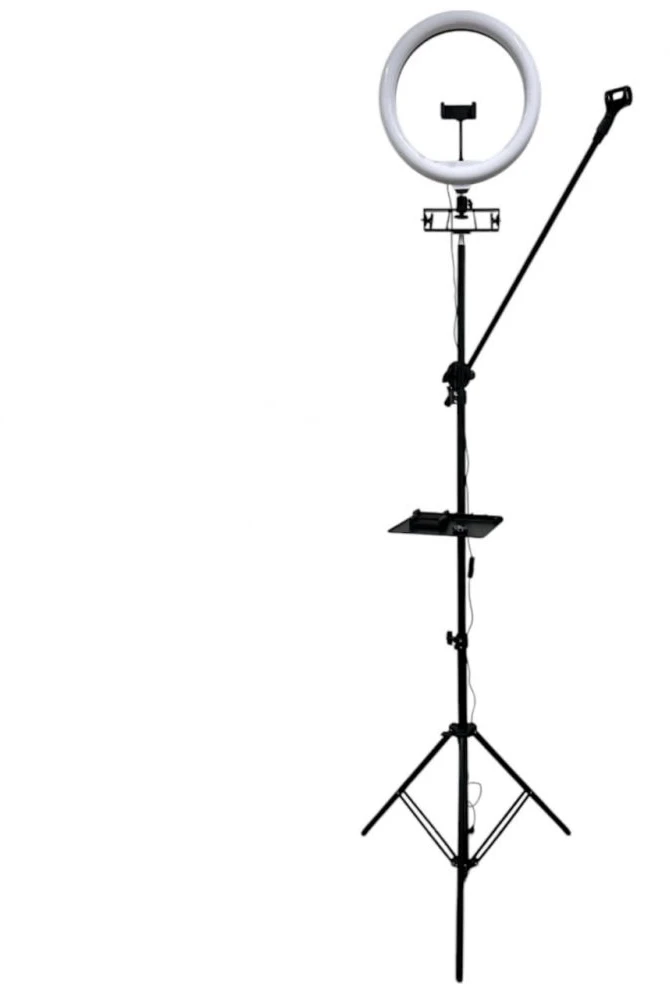 iLike S12 LED 20W Selfie 31cm Gredzena Gaisma Lampa + Statīvs 2.1m + Plaukts & 3x telefona / mikrofona turētājs Melns
