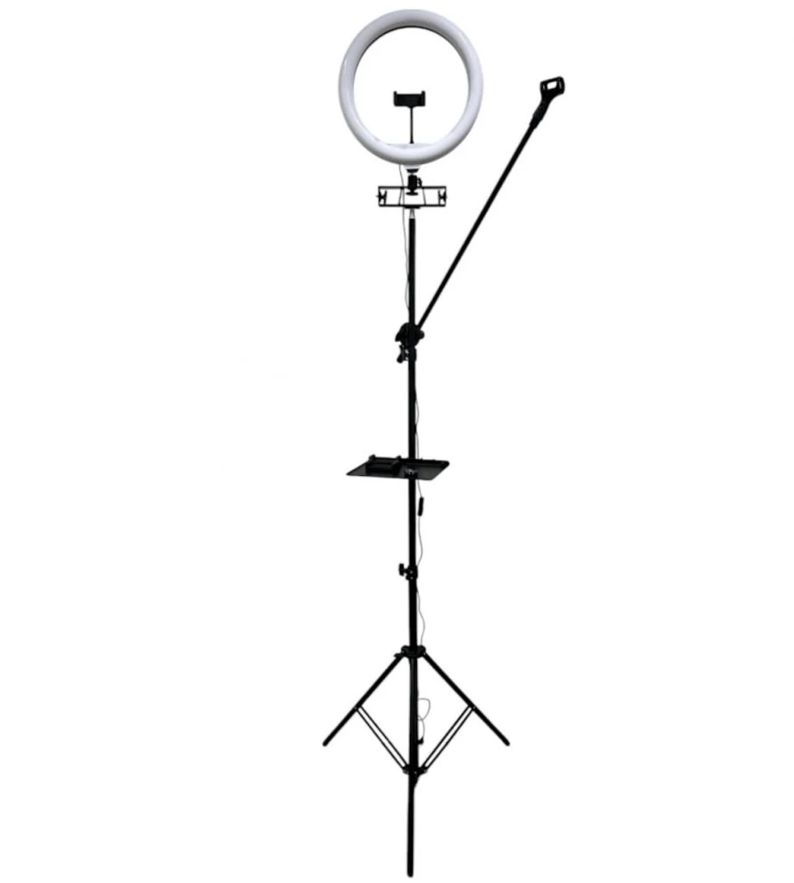 iLike S12 LED 20W Selfie 31cm Gredzena Gaisma Lampa + Statīvs 2.1m + Plaukts & 3x telefona / mikrofona turētājs Melns