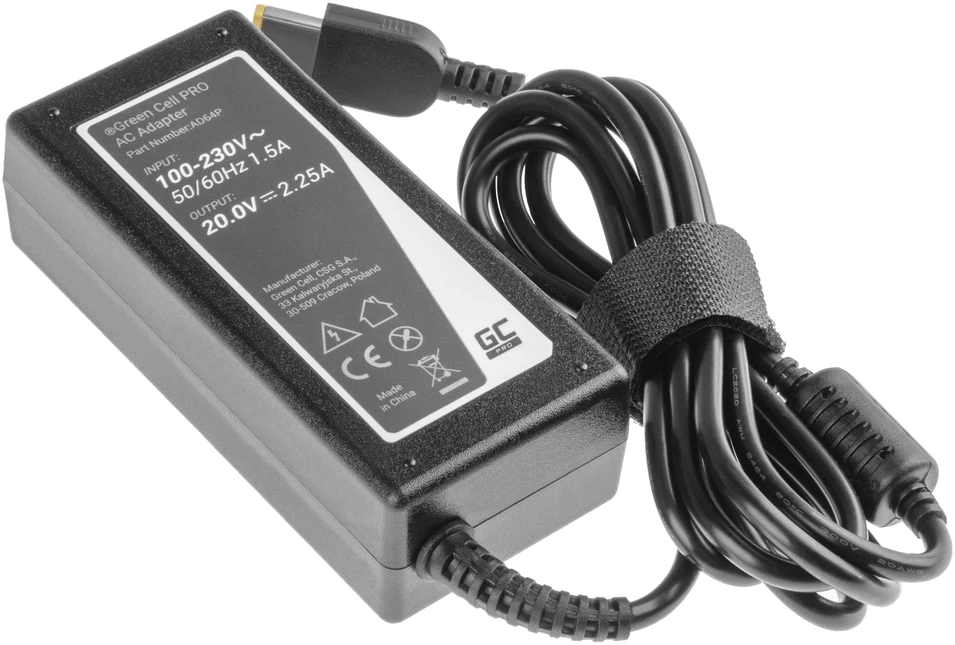 GREENCELL AD64P įkroviklis / kintamosios srovės adapteris Žalias Cell for Lenovo 20V 2.25A 45W Slim Tip