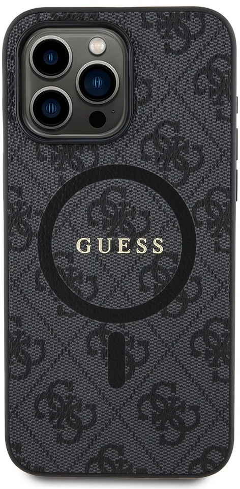 Dėklas Guess Apple iPhone 15 Pro 4G Collection Odinis Metalinis Logotipas MagSafe Juodas | ATSPĖK