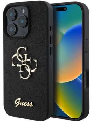 Guess PU Fixed Glitter 4G Metal Logo dėklas skirtas Apple iPhone 16 Pro Max juodos spalvos