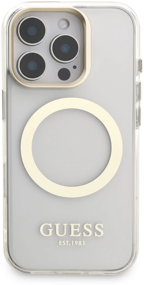 Guess IML Gold Outline Stand Camera Frame MagSafe dėklas skirtas Apple iPhone 16 Pro skaidrus