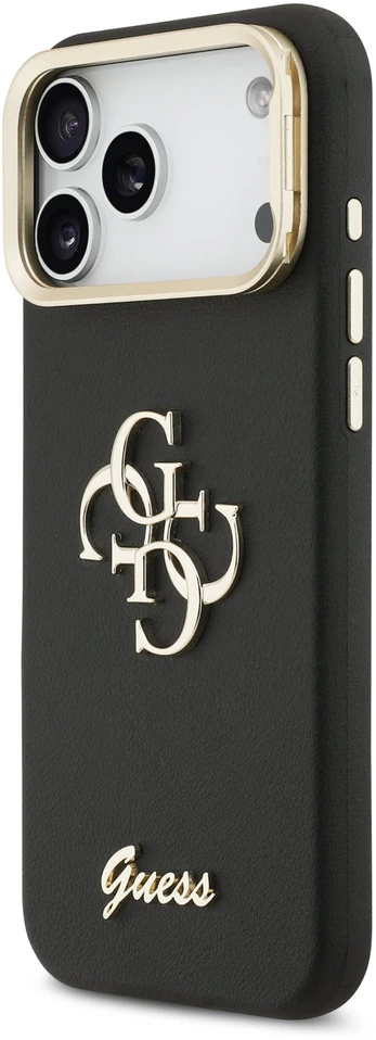 Guess PU Grained 4G Logo Stand Camera Frame dėklas skirtas iPhone 17 Pro Max juodos spalvos