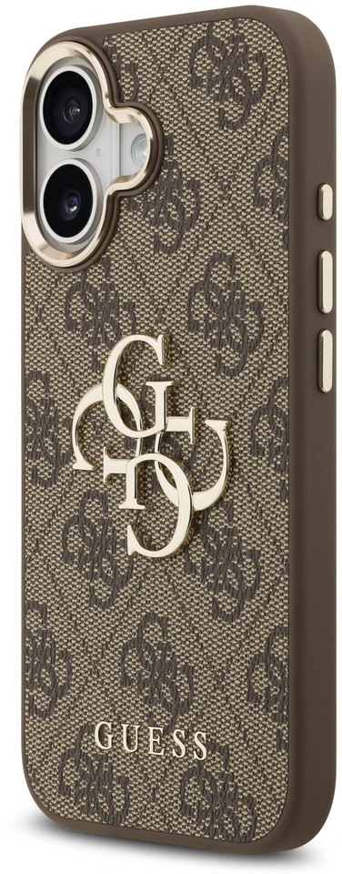 Guess PU odos 4G Metal Logo Gold Frame dėklas skirtas iPhone 17 rudos spalvos