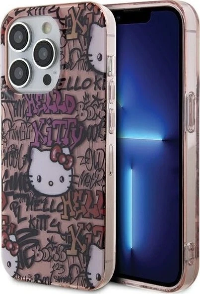 Hello Kitty HKHCP15XHDGPTP iPhone 15 Pro Max 6.7″ rožinės spalvos kietas dėklas IML Tags Graffiti
