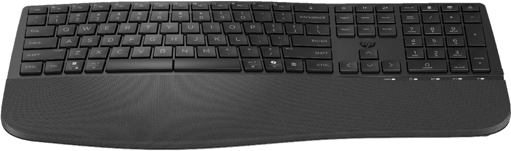 HP 685 Comfort belaidis „Bluetooth“ bangų formos klaviatūra su delno atrama - dviejų režimų, dezinfekuojamas, programuojamas, reguliuojamo kampo, pakreipimo, atsparus išsiliejimui - Juodas - US ENG