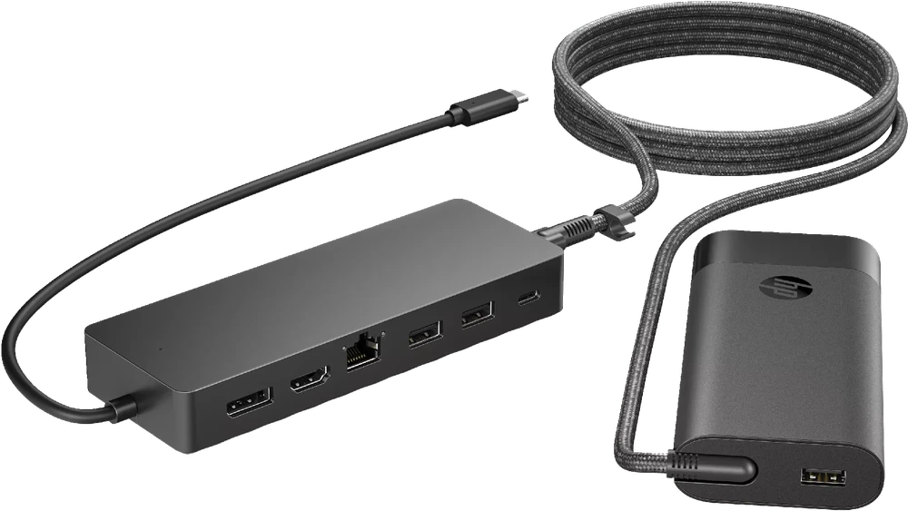HP universalus USB-C kelių prievadų šakotuvas su 65 W maitinimo adapteriu ir nešiojamojo kompiuterio įkrovikliu - 2x USB-A, 2x USB-C (65 W / duomenys), DisplayPort/HDMI, RJ-45, 1 metai