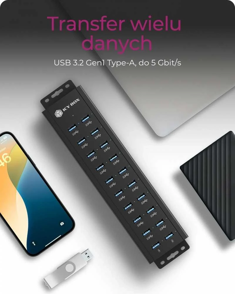 Icy Box Raidsonic | 20-in-1 USB HUB su maitinimo šaltiniu, įjungimo/išjungimo mygtuku ir tvirtinimo laikikliais | IB-HUB1720-U3