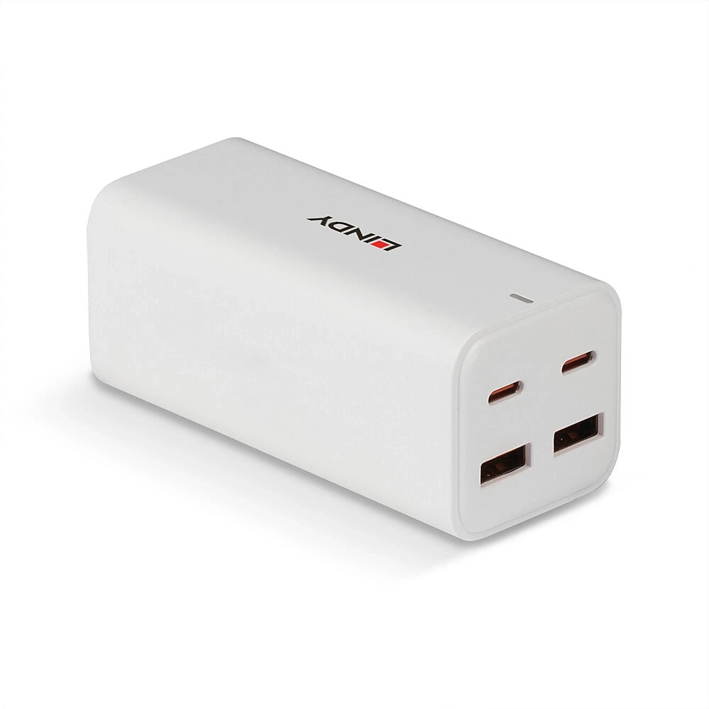 USB Įkroviklis - LINDY 100W 4 Prievadų GaN Įkroviklis su 2x USB Type C ir 2x Type A Prievadai, Baltas