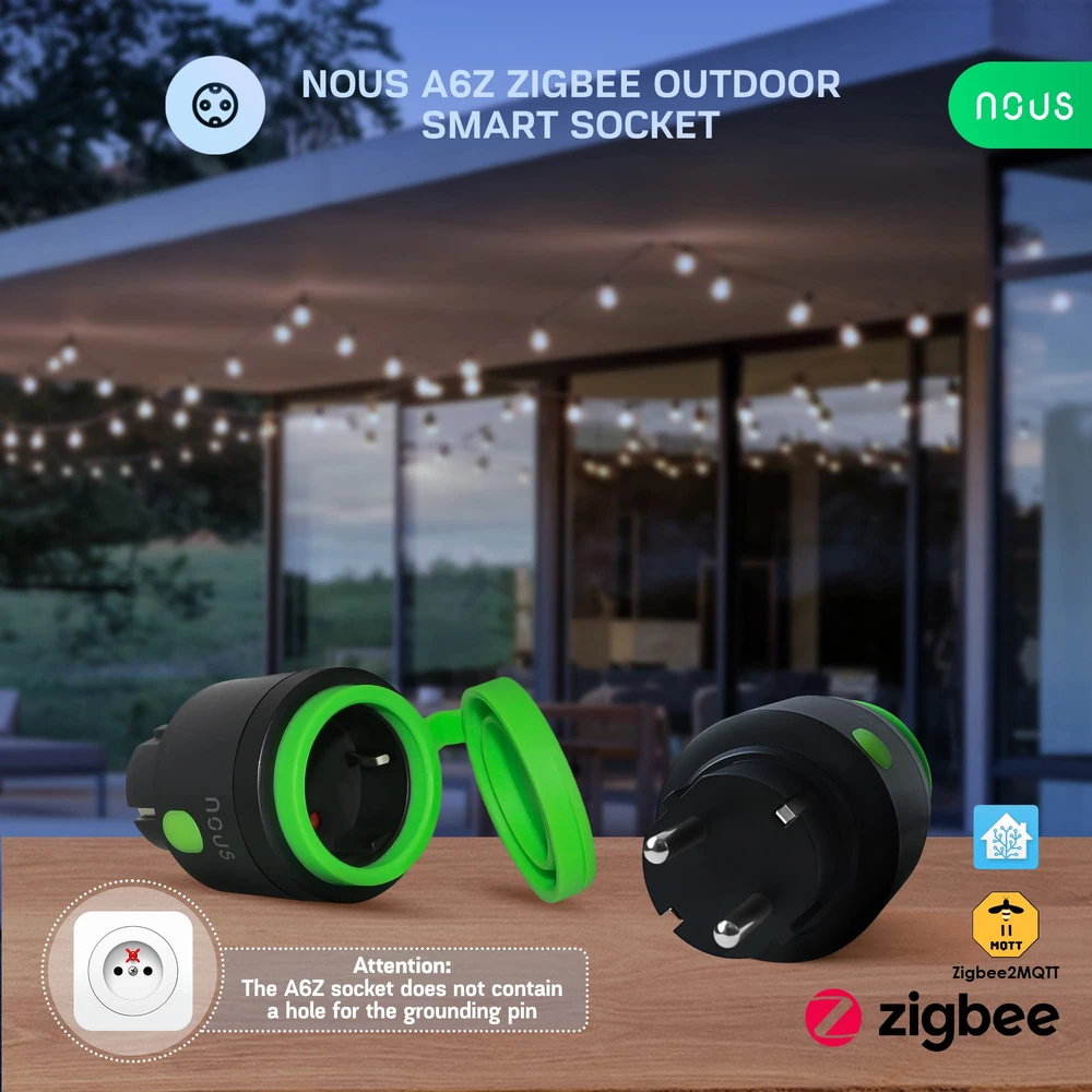 Nous Išmanioji rozetė ZigBee, 230Vac 16A, hermetiška IP44, su energijos matavimu, TUYA / Smart Life
