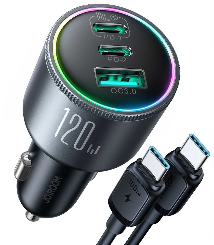 Joyroom Automobilinis įkroviklis Mini, C+C+U, 145W su C tipo į C tipo laidu, 100W, Juodas (JR-CCN07)