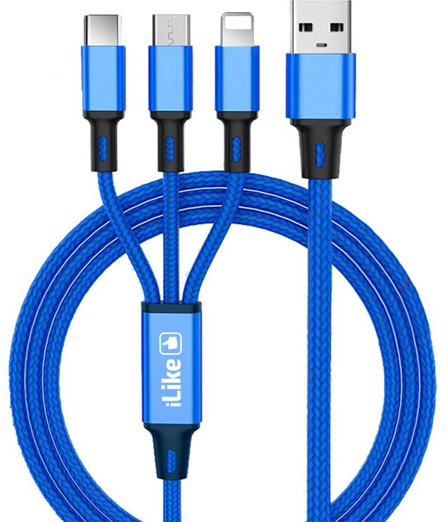iLike CCI02BE Pīta auduma izturīgs USB 3in1 Kabelis ar USB uz Micro USB / Lightning / Type-C 1m Zils