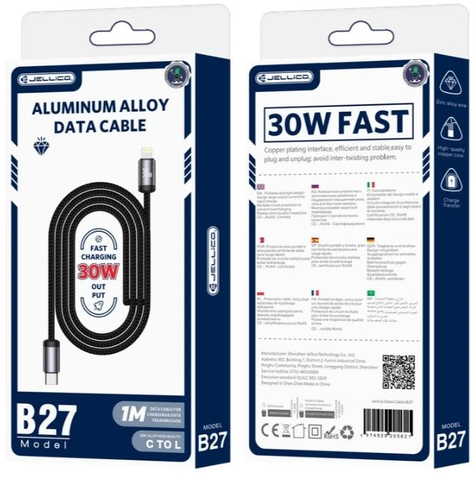 Jellico B27 Pīta Auduma iPhone un iPad USB-C uz Lightning Datu un Ātrās PD 30W uzlādes Vads 1m Melns