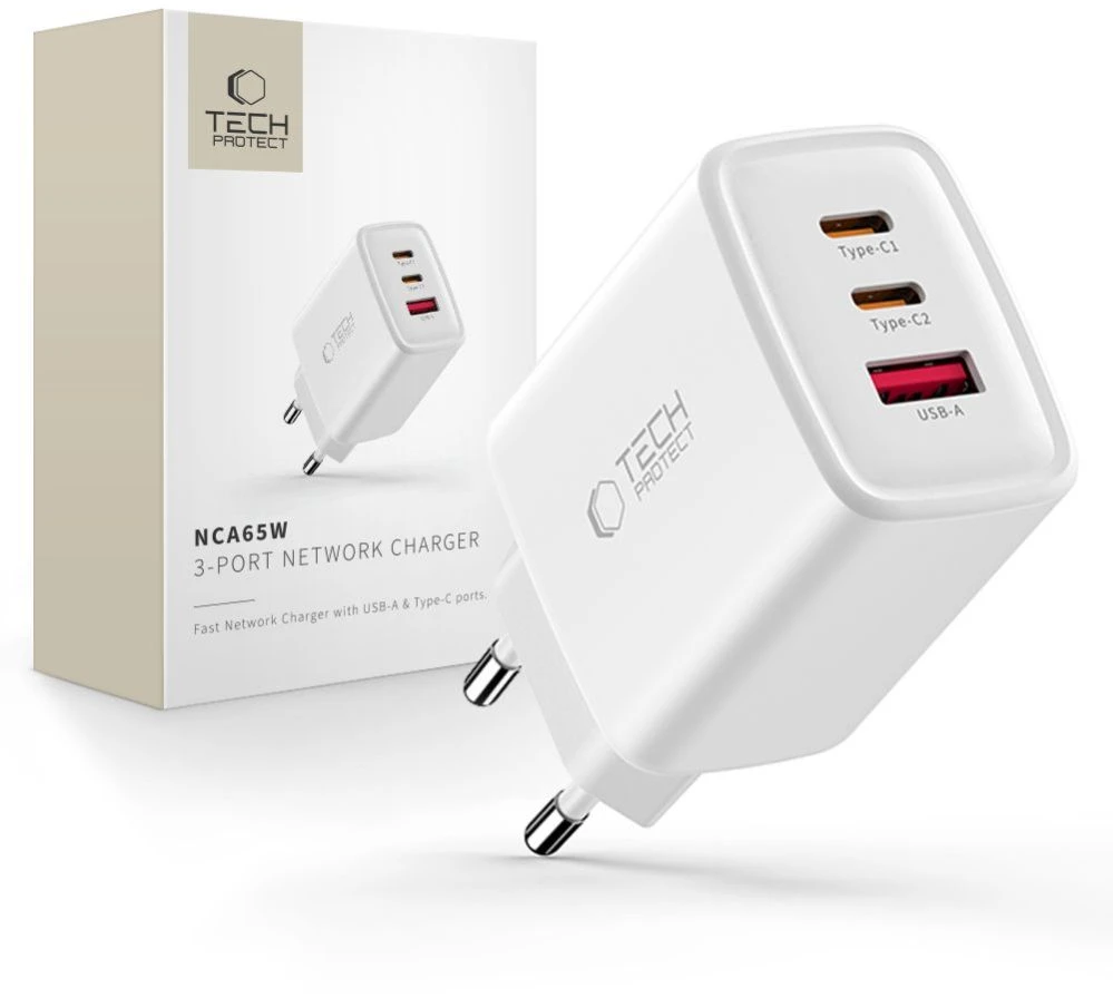 Tech-Protect NCA65W-GAN 3 prievadų tinklo įkroviklis PD 65W / QC3.0 Baltas