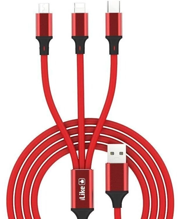 iLike CCI02 Pīta auduma izturīgs USB 3in1 Kabelis ar USB uz Micro USB / Lightning / Type-C 1m Sarkans