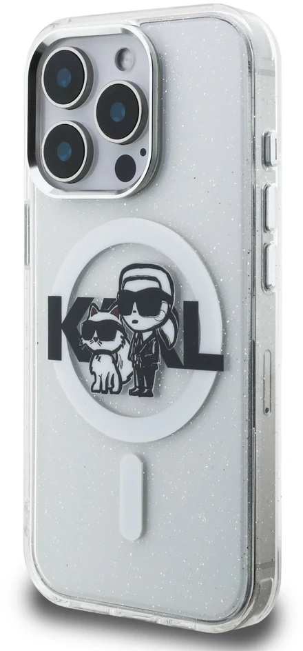 Karl Lagerfeld IML Glitter Karl and Choupette Sketch MagSafe dėklas iPhone 15 Pro skaidrus