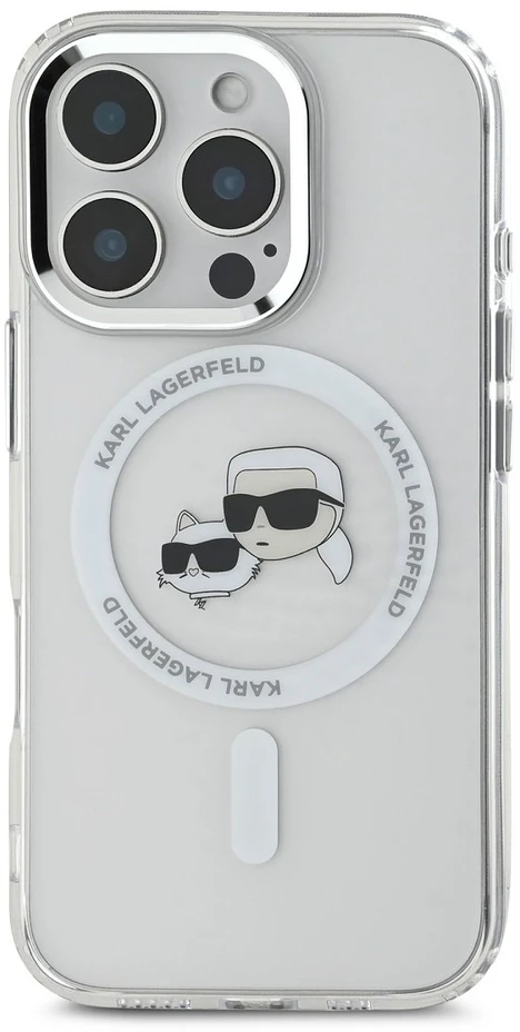 Karl Lagerfeld IML K&CH Heads metalinis rėmelis MagSafe iPhone 16 Pro Max telefono dėklas permatomas
