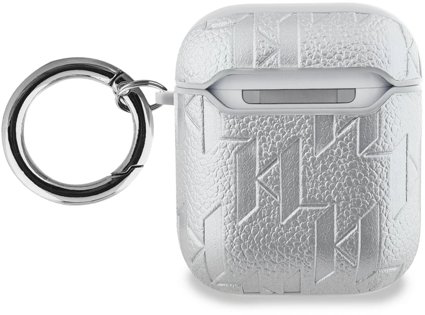 Karl Lagerfeld PU Embossed Karl and Choupette Heads dėklas ausinėms AirPods 1/2 sidabrinės spalvos