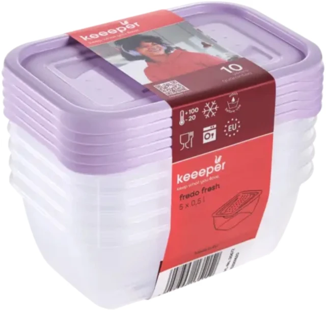 Stoneline Keeeper Food container set rectangular 5x0.5L Fredo "Fresh" transparent/light violetinė