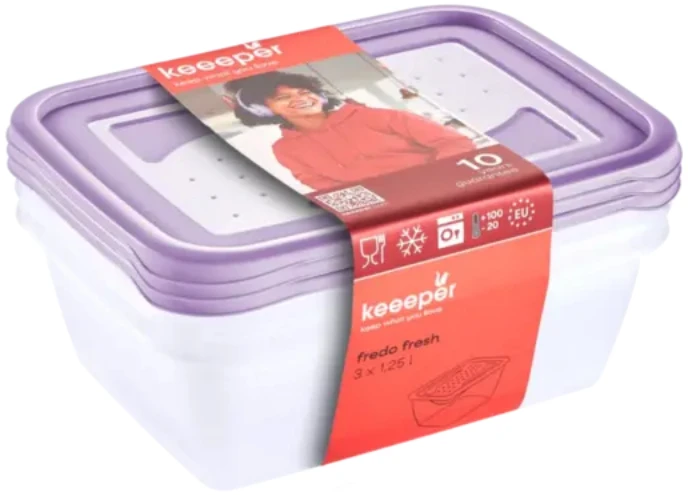 Stoneline Keeeper Food container set rectangular 3x1,25L Fredo "Fresh" transparent/light violetinė