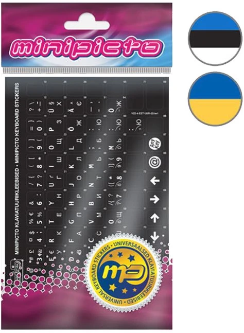 Kolm Lovi Minipicto Minipikto klaviatūros lipdukai EST/UKR, juodi/matiniai (KB-UNI-ESTUKR02TW-BL)