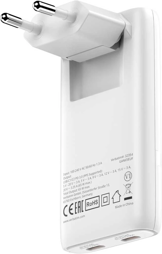 Verbatim GaN kelioninis įkroviklis sulankstomas „n“ Go 65 W, 2 × USB-C PD ES kištukas, Baltas